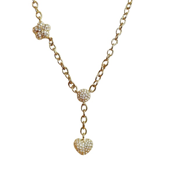 Y2K Vintage Rhinestone Embellished Puffy Heart Y Drop Asymmetrical Necklace - Picture 3 of 7